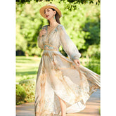 Womens Silk Maxi Dress Baroque Floral Print Sheer Sleeve Long Silk Dress